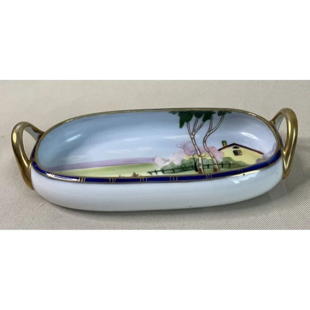 Nippon Hand Painted Double Handle House Tree Floral Scene Oval Bowl Vintage